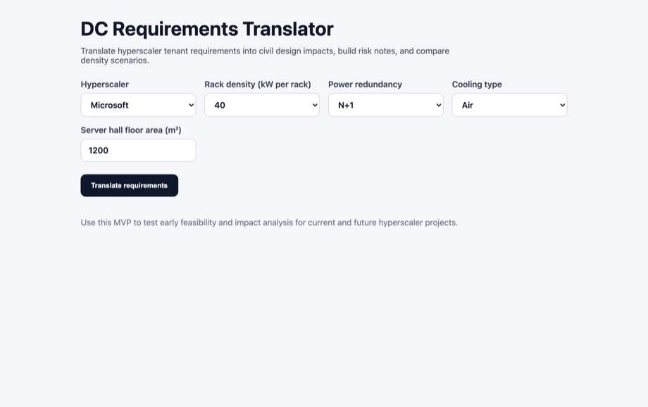 The DC Requirements Translator input form — hyperscaler, rack density in kW per rack, power redundancy, cooling type and server-hall floor area