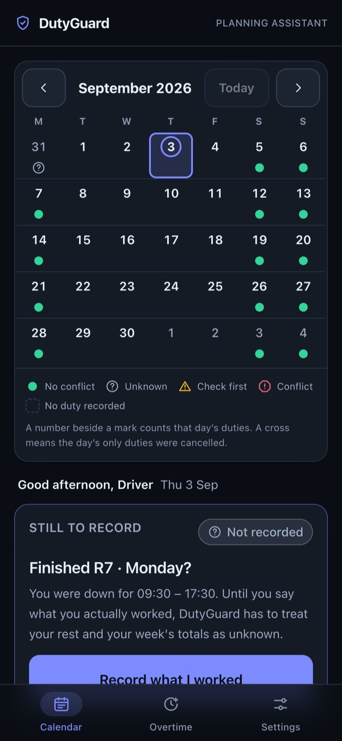 DutyGuard calendar screen: a month grid, Monday-first, with a filled disc on days that carry a duty, and a legend beneath naming each mark in words