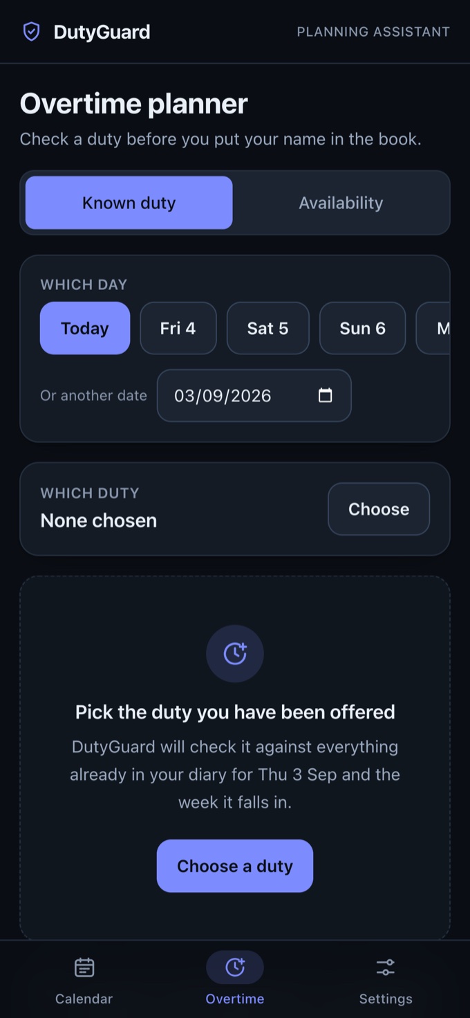 DutyGuard overtime planner with two modes: Known duty and Availability, above a row of selectable dates