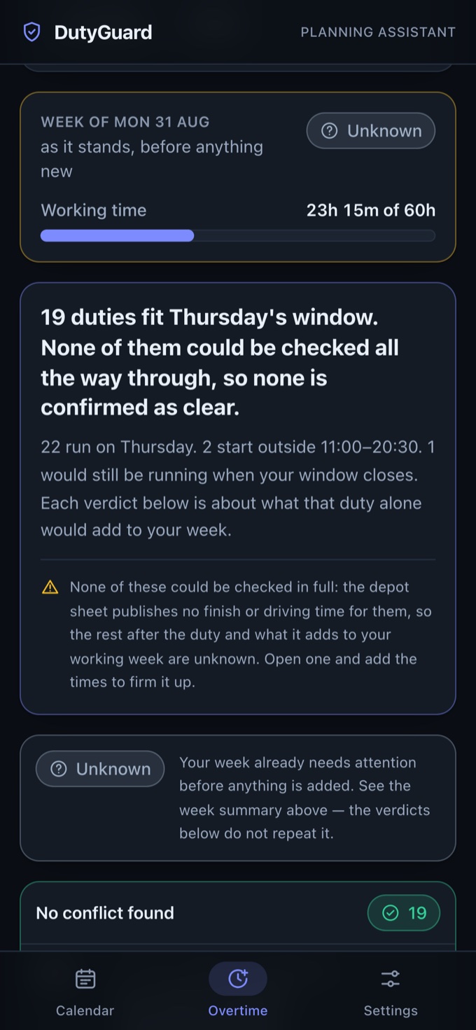 DutyGuard availability results: a headline stating how many duties fit the window and that none could be checked all the way through, above a list where each duty carries both its verdict and the figures that could not be verified