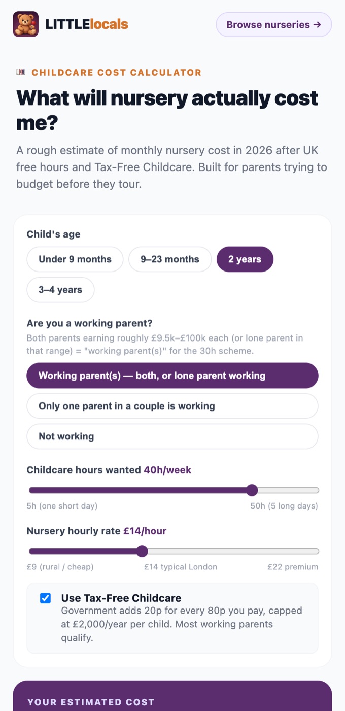 LITTLElocals childcare cost calculator — child age, working-parent status, hours and hourly rate, with Tax-Free Childcare
