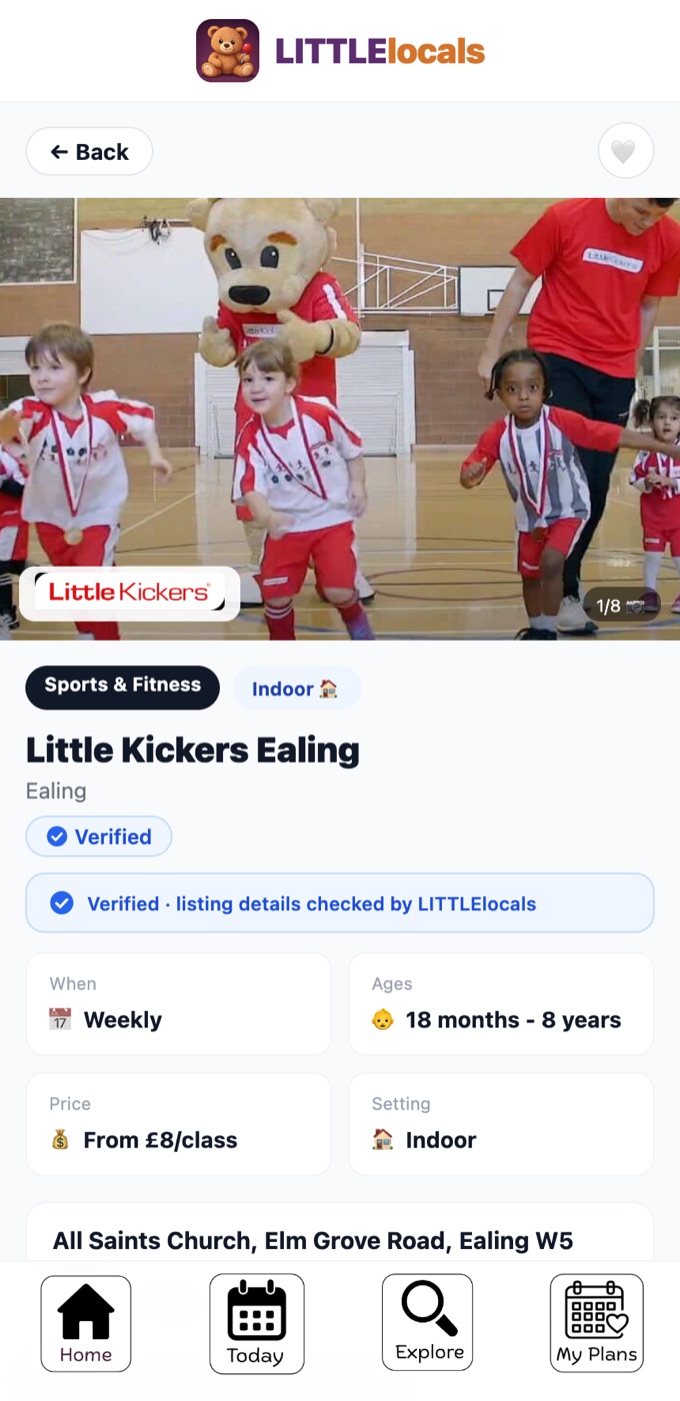 A LITTLElocals class listing showing price, age range, setting, a verified badge and location