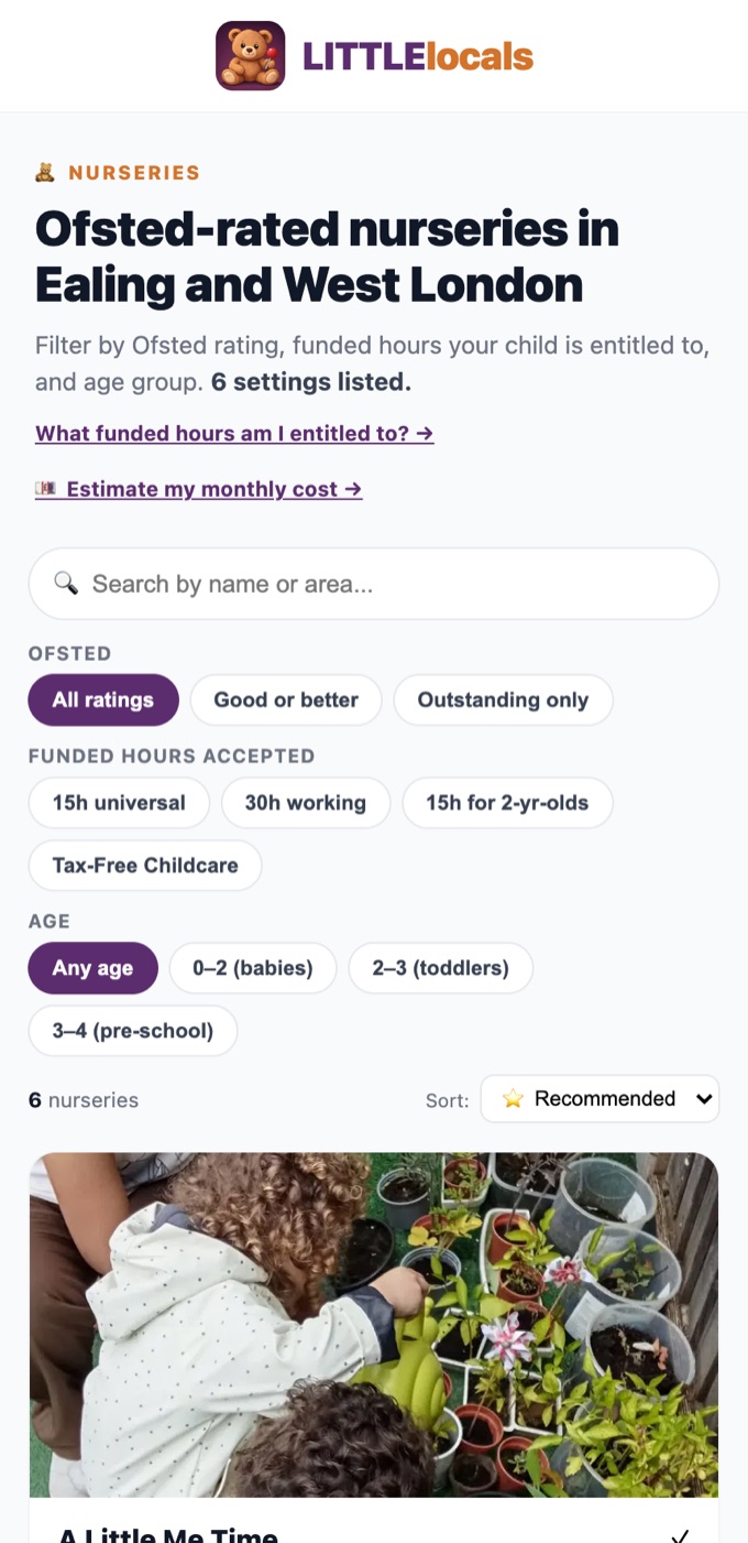 LITTLElocals nurseries page — filters for Ofsted rating, funded hours accepted, and age band