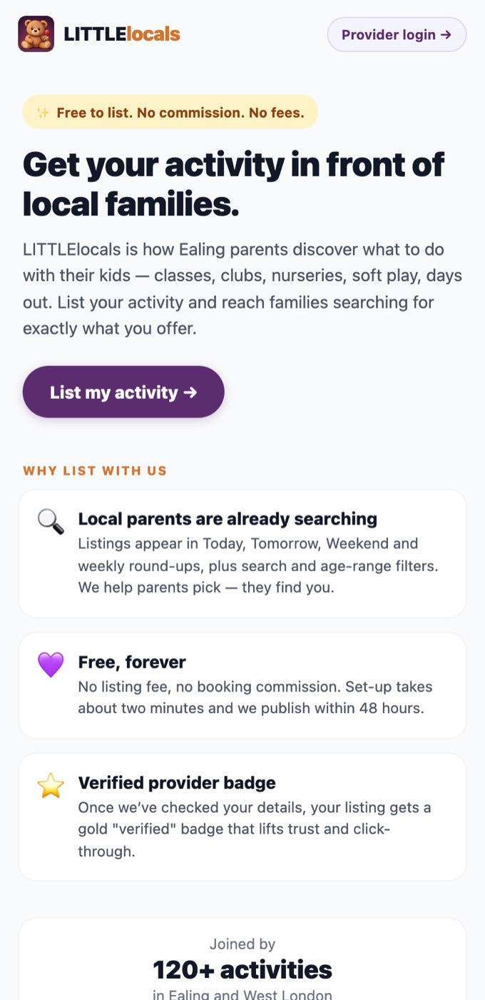 LITTLElocals for-providers page — 'get your activity in front of local families', free no-commission listing and a verified badge
