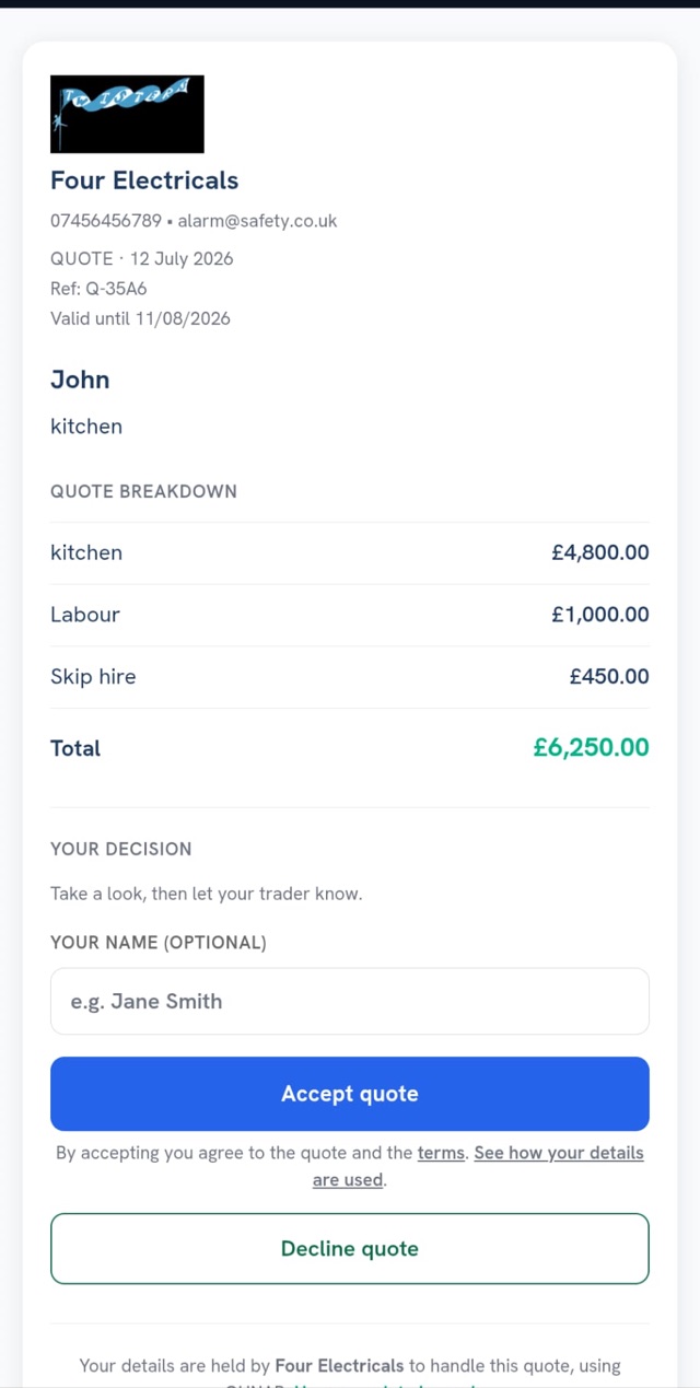 OHNAR customer-facing quote page for Four Electricals with the breakdown and Accept quote / Decline quote buttons