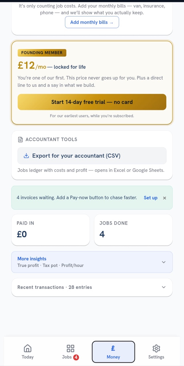 OHNAR money view — true-profit, tax-pot and profit-per-hour insights, accountant CSV export, and a founding-member price