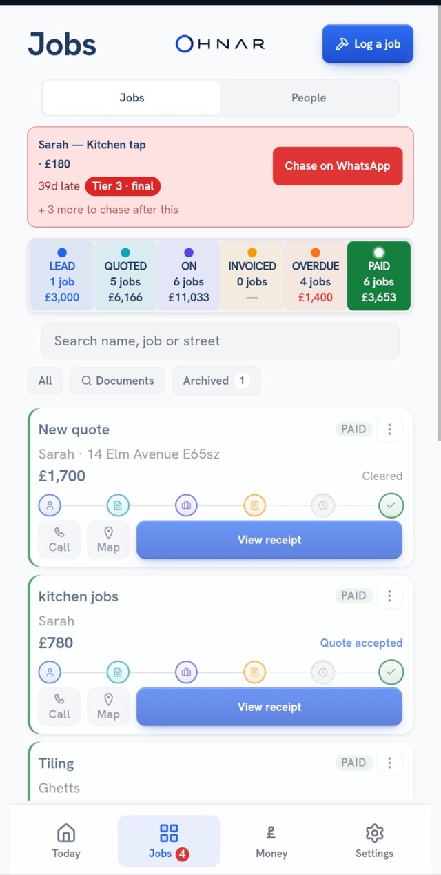 OHNAR jobs pipeline — jobs grouped across Lead, Quoted, On, Invoiced, Overdue and Paid with per-job cards and a WhatsApp chase button