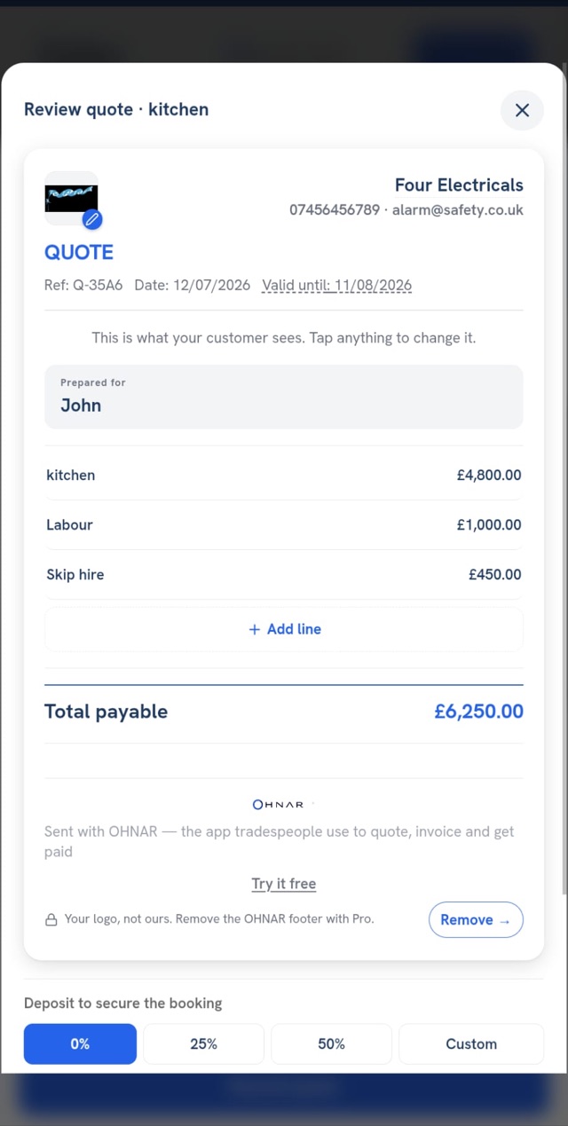 OHNAR quote review — line items totalling £6,250, a note reading 'this is what your customer sees, tap anything to change it', and a 'Remove the OHNAR footer with Pro' option