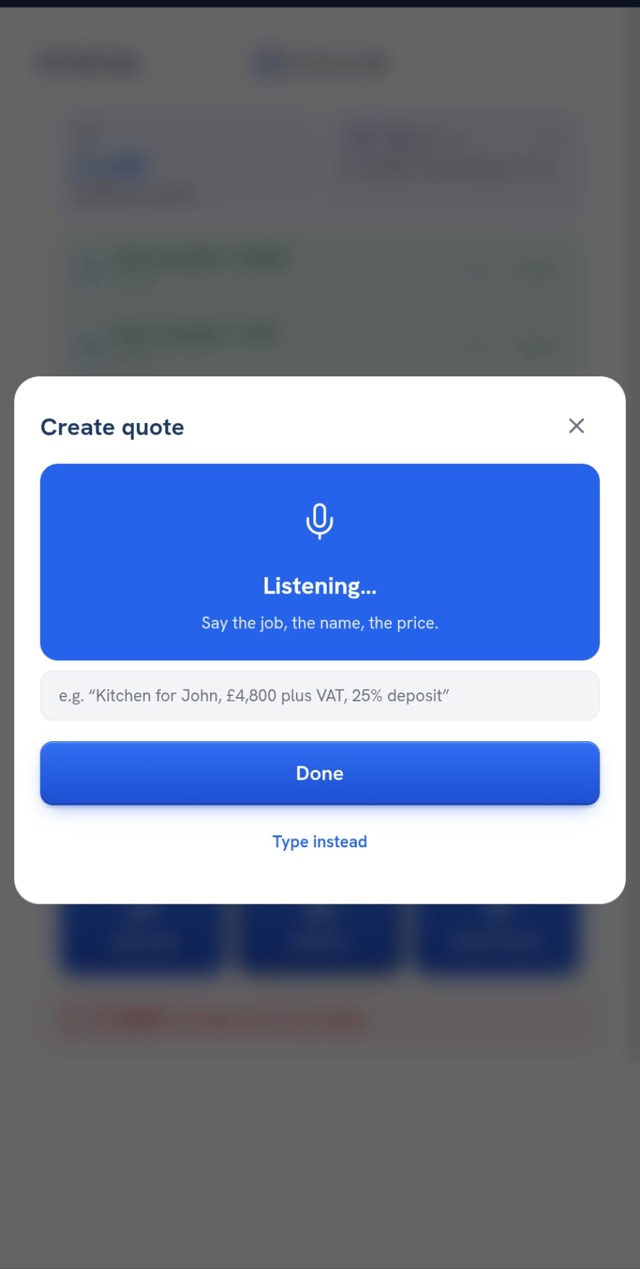 OHNAR voice capture — a 'Listening…' card reading 'Say the job, the name, the price'