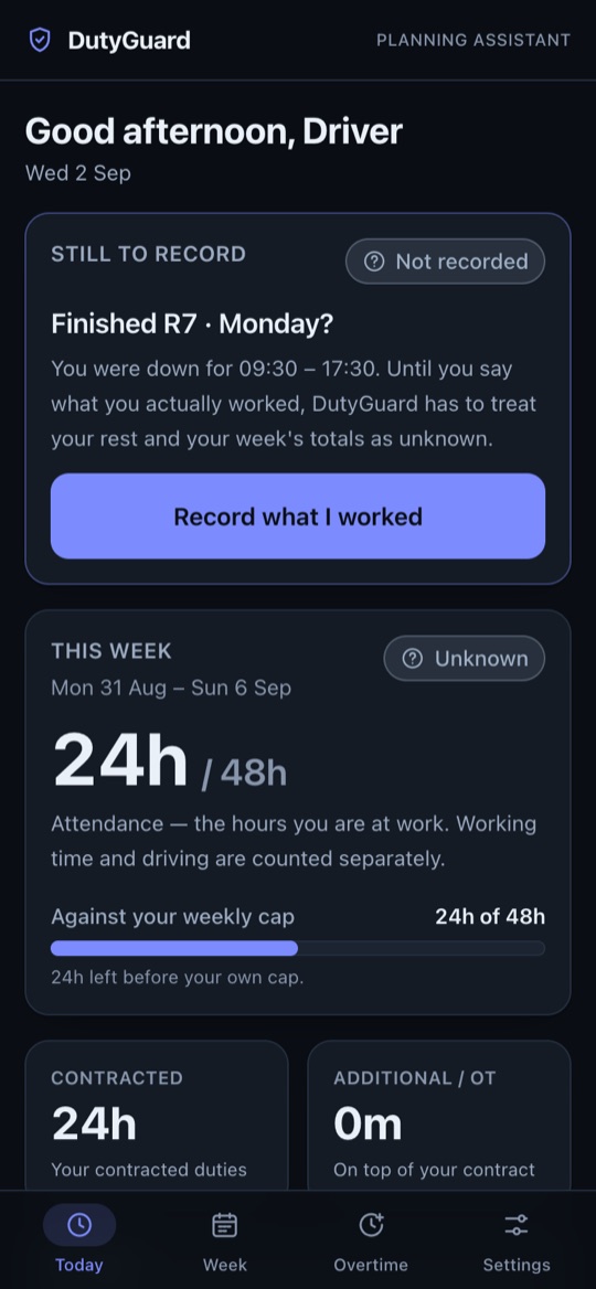 DutyGuard on a phone: the duty still to be recorded, the week's attendance against a personal cap, and a list of compliance checks with their verdicts
