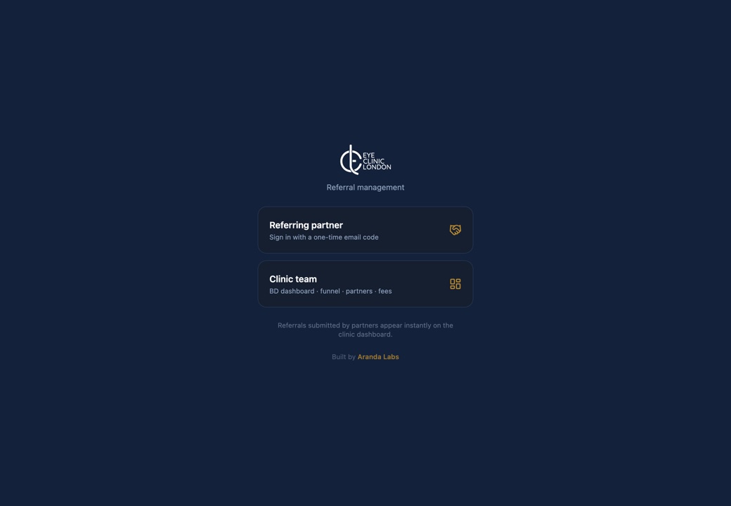 The public Refer Your Patient entry — a chooser for two roles: a referring partner who signs in with a one-time email code, and the clinic team's BD dashboard