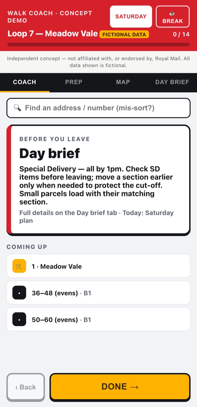 Walk Coach 'Coach' view — a large 'before you leave' brief card and a 'coming up' list of the next stops, marked concept demo, fictional data
