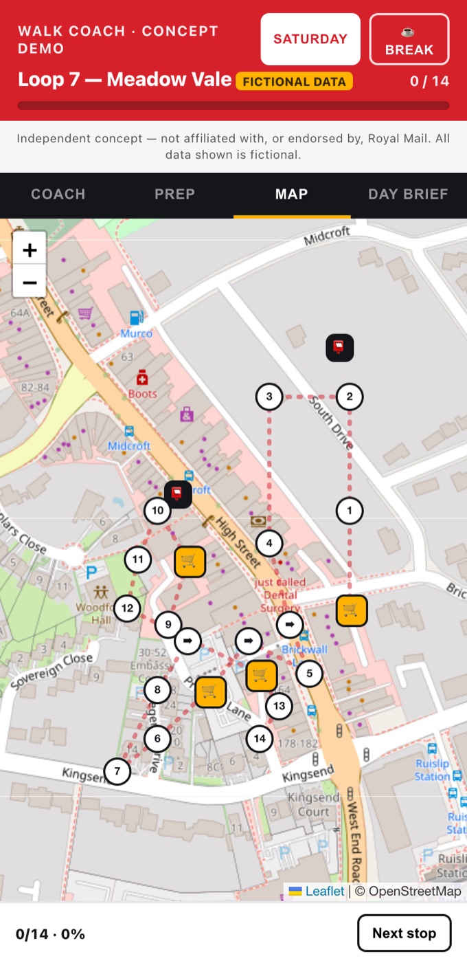 Walk Coach 'Map' view — numbered stops on an OpenStreetMap layer for finding an address or a mis-sort