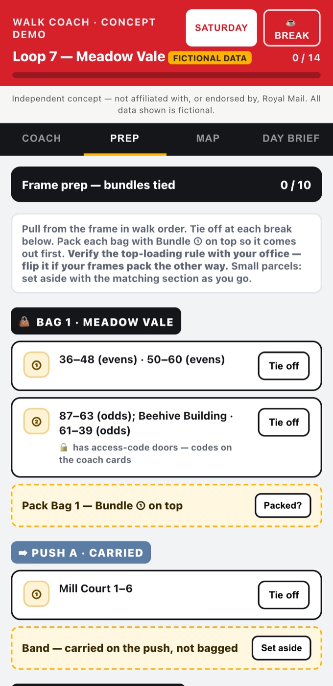 Walk Coach 'Prep' view — frame prep with bundles tied in walk order, bags and runs